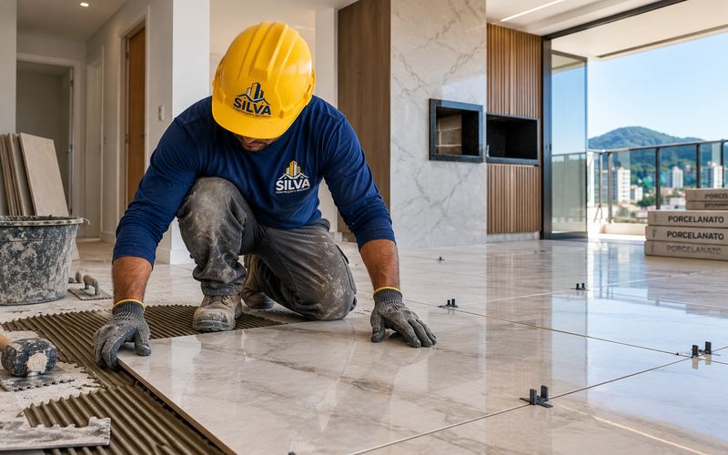Profissional da Silva Construção e Reformas assentando piso em ambiente acabado
