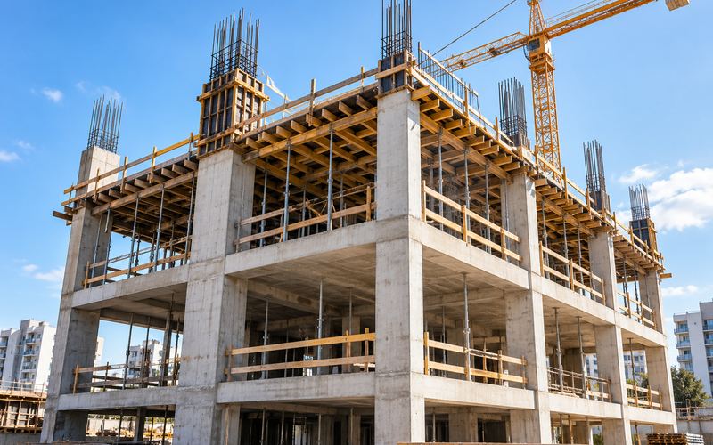 Estrutura de concreto de um edifício em execução, com lajes escoradas e grua