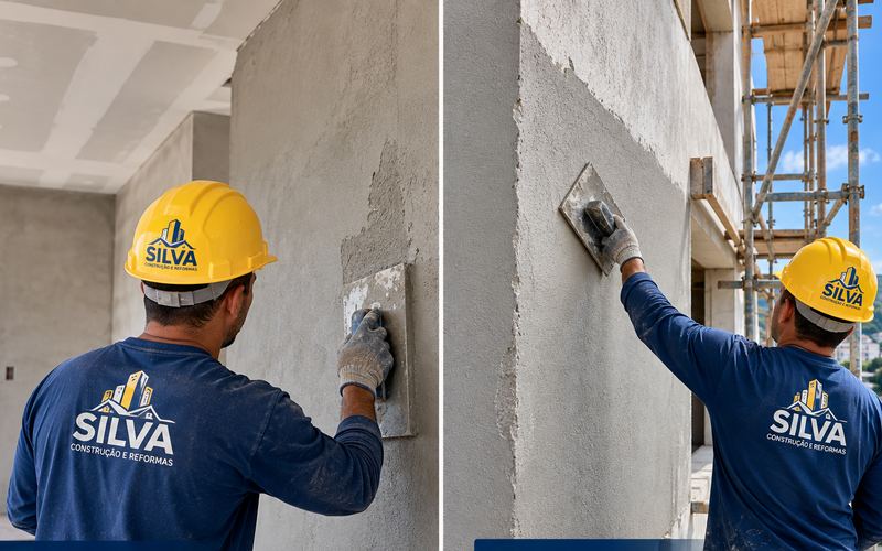Profissionais da Silva Construção e Reformas executando reboco interno e externo