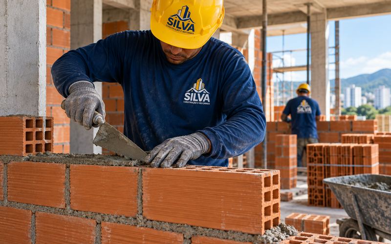 Profissional da Silva Construção e Reformas assentando blocos cerâmicos na alvenaria