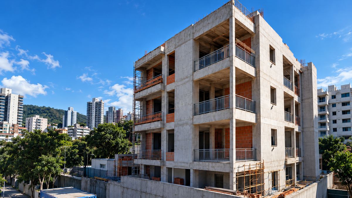 Edifício residencial em fase de estrutura e alvenaria, com andaimes montados e a cidade ao fundo